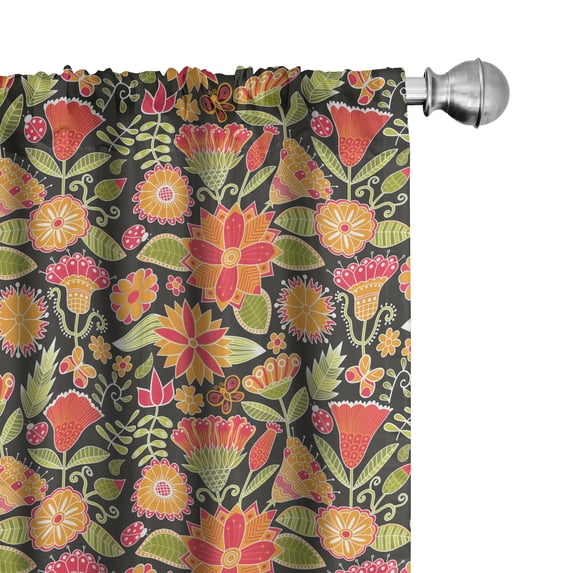 Ambesonne Floral 4-Panel Curtains, Abstract Polish Folk Art, 56"x95", Burnt Sienna Multicolor