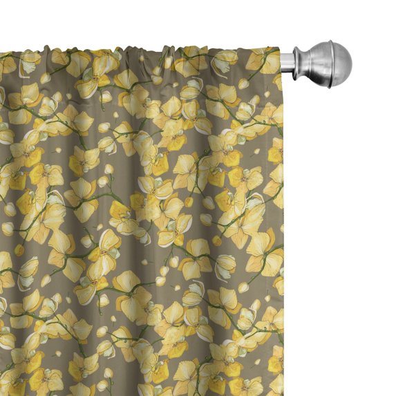 Ambesonne Floral Window Curtains, Asian Flower Scenery Print, Each 28" W x 84" L, Sepia Mustard Olive Green
