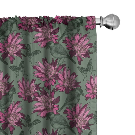Ambesonne Floral Window Curtains, Birds Sketch Flowers Art, Each 28" W x 84" L, Pink Laurel Green