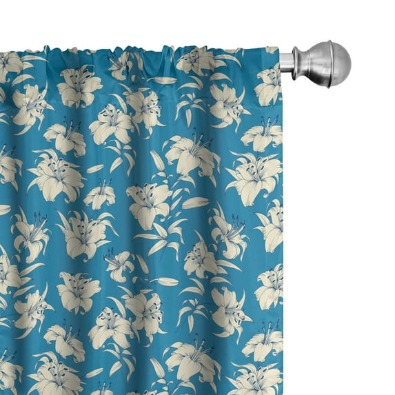 Ambesonne Floral 4-Panel Curtains, Blooming Lily Flowers Art, 56"x63", Sea Blue Eggshell