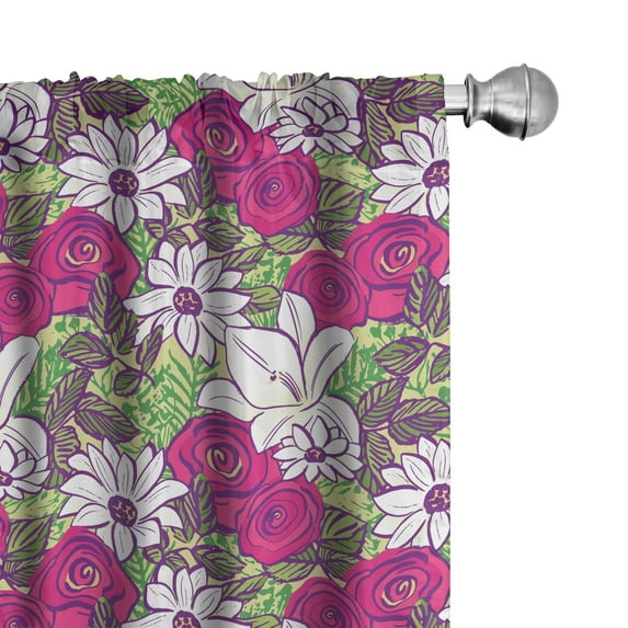 Ambesonne Floral 4-Panel Curtains, Bold Roses Lilies Chamomiles, 56"x63", Magenta Purple