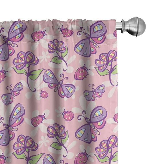 Ambesonne Floral Window Curtains, Butterfly Cartoon Style, Each 28" W x 84" L, Pale Pink Lavender