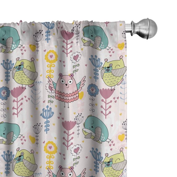 Ambesonne Floral Window Curtains, Cartoon Birds Flowers Art, Each 28" W x 63" L, Pale Teal Dried Rose