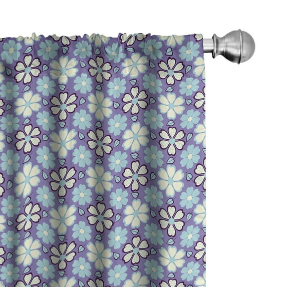Ambesonne Floral 4-Panel Curtains, Checkered Flowers Leaves Art, 56"x95", Blue Violet Grey Pink