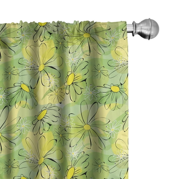 Ambesonne Floral 4-Panel Curtains, Doodle Daisy Branches, 56"x84", Apple Green Yellow Black