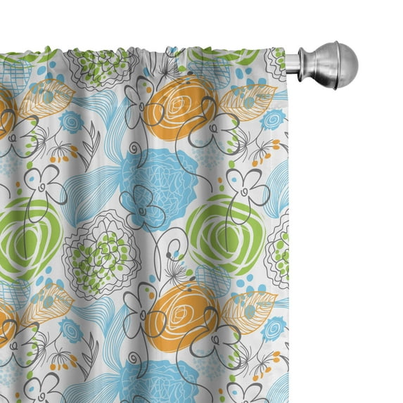 Ambesonne Floral Window Curtains, Doodle Leaves and Hearts, Each 28" W x 95" L, Lime Green Sky Blue