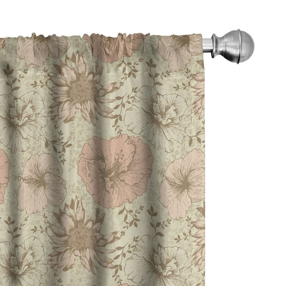 Ambesonne Floral Window Curtains, Exotic Hibiscus Plant, Each 28" W x 63" L, Coral Tan Brown