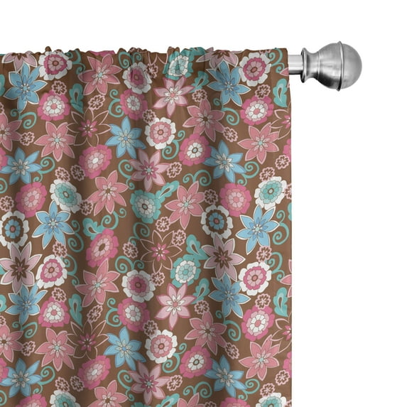 Ambesonne Floral Window Curtains, Flower Petals Florets, Each 28" W x 95" L, Brown Teal Pink