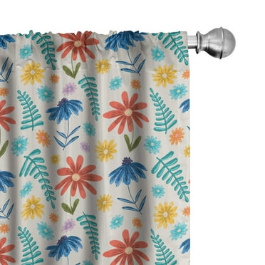 Ambesonne Floral 4-Panel Curtains, Flowers Leaves on Plain Back, 56"x95", Dark Yellow and Turquoise