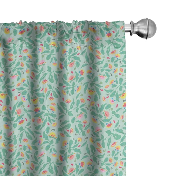 Ambesonne Floral Window Curtains, Flowers and Leaves Folk Art, Each 28" W x 63" L, Pale Teal and Soft Pink