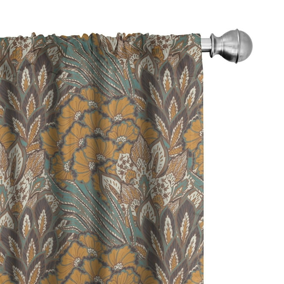 Ambesonne Floral Window Curtains, Flowers and Peacock, Each 28" W x 63" L, Petrol Blue Pale Coffee