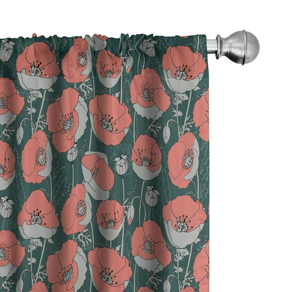Ambesonne Floral 4-Panel Curtains, Forest Poppies Pattern, 56"x95", Hunter Green Coral