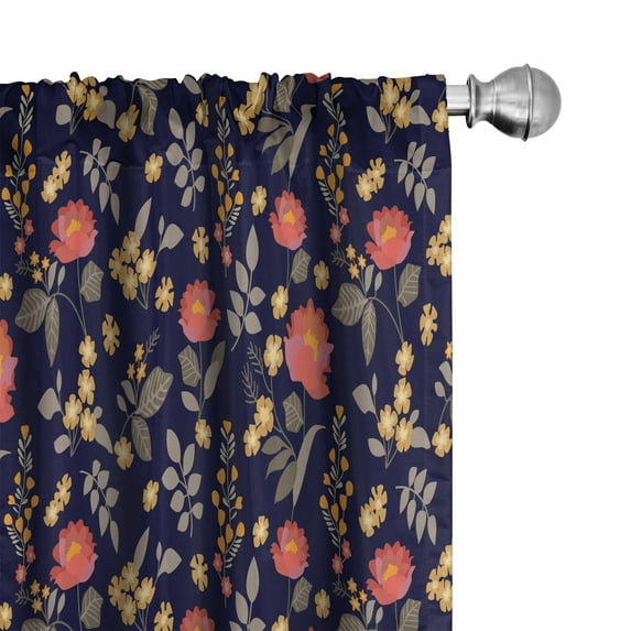 Ambesonne Floral Window Curtains, Forest Roses Autumn Leaves, Each 28" W x 84" L, Indigo Coral Dark Tan
