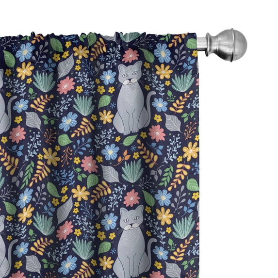 Ambesonne Floral 4-Panel Curtains, Leaves Flowers and Cat Art, 56"x63", Pastel Pink and Navy Blue