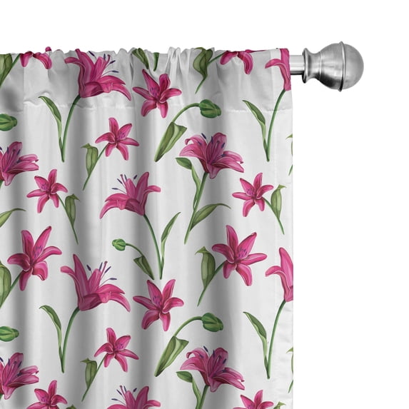 Ambesonne Floral 4-Panel Curtains, Lily Blossoms Garden Art, 56"x63", Magenta Green and White