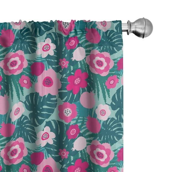 Ambesonne Floral 4-Panel Curtains, Monstera Leaf Pink Flowers, 56"x63", Pale Petrol Blue Teal