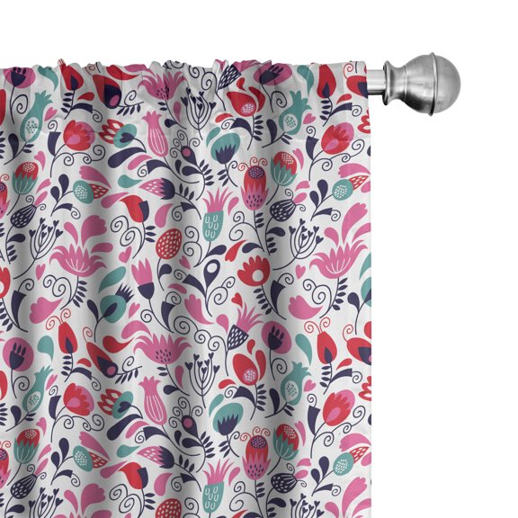 Ambesonne Floral Window Curtains, Ornate Swirls Tulip Art, Each 28" W x 63" L, Pink Teal Red