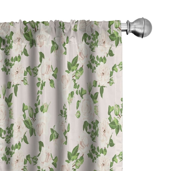 Ambesonne Floral Window Curtains, Pastel Simple Rose Flowers, Each 28" W x 63" L, Fern Green Ivory