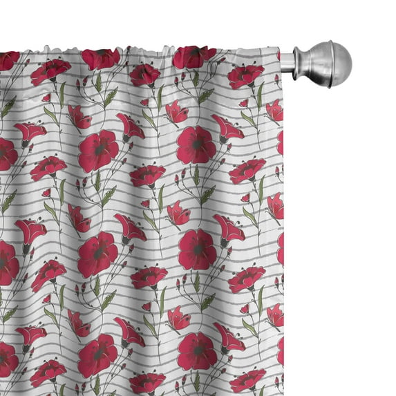 Ambesonne Floral Window Curtains, Poppy Flowers Butterflies, Each 28" W x 95" L, Dark Coral and Olive Green