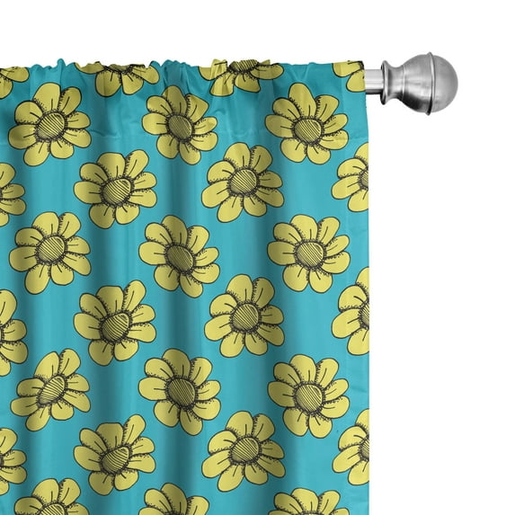 Ambesonne Floral 4-Panel Curtains, Retro Yellow Daisy Flowers, 56"x84", Sky Blue Yellow Dark Grey