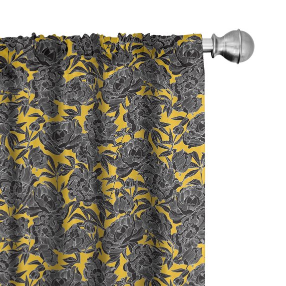 Ambesonne Floral Window Curtains, Rhythmic Peony Flowers Art, Each 28" W x 84" L, Charcoal Grey and Yellow