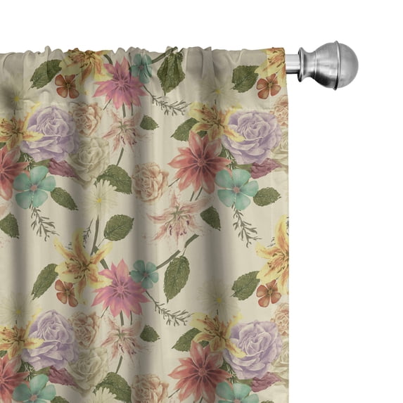 Ambesonne Floral Window Curtains, Romantic Vintage Blossoms, Each 28" W x 63" L, Eggshell Multicolor