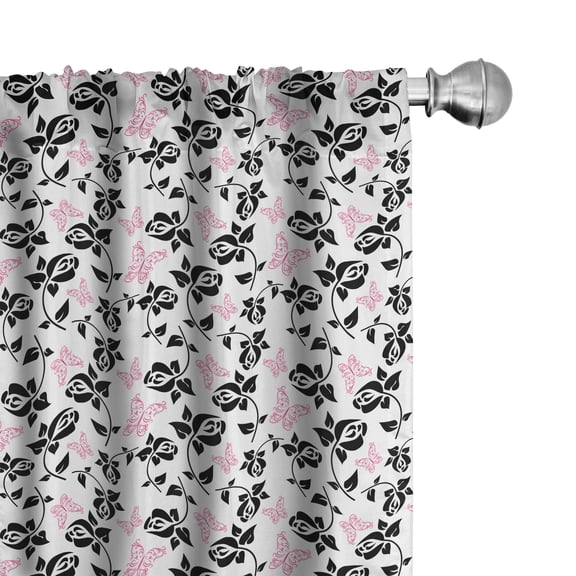 Ambesonne Floral 4-Panel Curtains, Rose Twigs and Butterflies, 56"x63", Charcoal Grey Pink White
