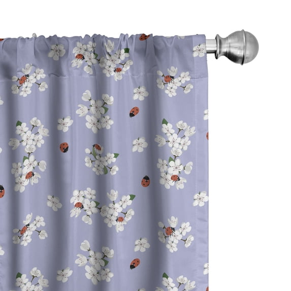 Ambesonne Floral Window Curtains, Sakura Flowers and Ladybugs, Each 28" W x 63" L, Pale Ceil Blue White