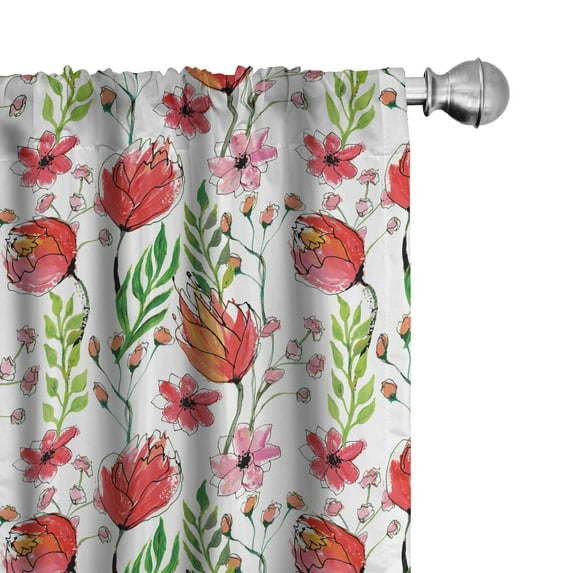 Ambesonne Floral 4-Panel Curtains, Scribbled Flowers and Leaves, 56"x63", Pink Green