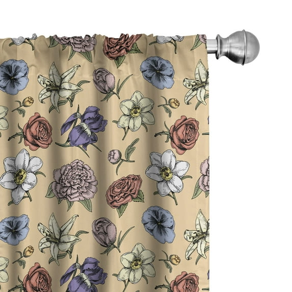 Ambesonne Floral 4-Panel Curtains, Sketchy Flowers Leaves Art, 56"x63", Peach Orange and Blue