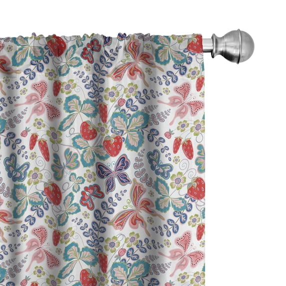 Ambesonne Floral Window Curtains, Strawberries Butterflies Art, Each 28" W x 63" L, Dark Coral Sea Blue and White