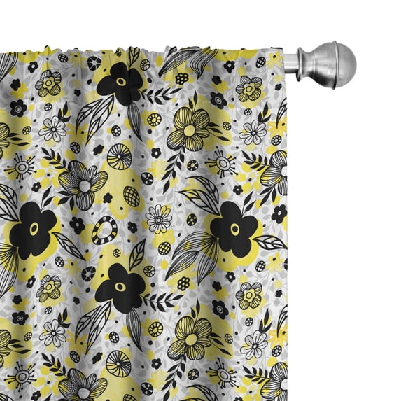 Ambesonne Floral Window Curtains, Striped Flowers Autumn Art, Each 28" W x 95" L, Pastel Yellow Grey and White