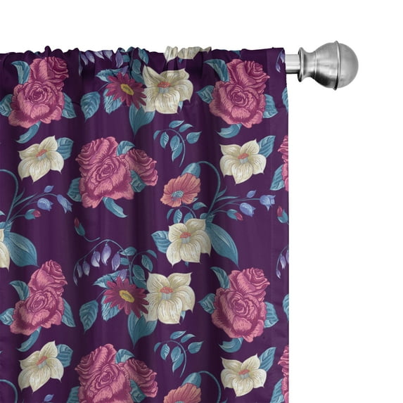 Ambesonne Floral 4-Panel Curtains, Wild Pointed Petal Flowers, 56"x95", Plum and Multicolor