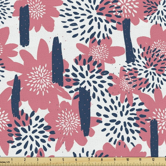 Ambesonne Floral Abstract Fabric by the Yard Upholstery, Oriental Poppies, 3 Yards, Coral White Charcoal Grey