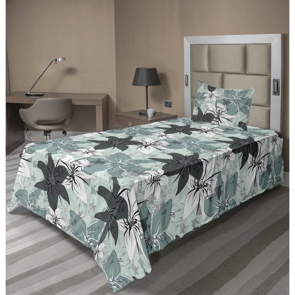 Ambesonne Floral Abstract Fitted & Flat Sheet with Sham 3 Pcs Set, Lily Flowers Print, Twin, Dark Sea Green Dark Grey