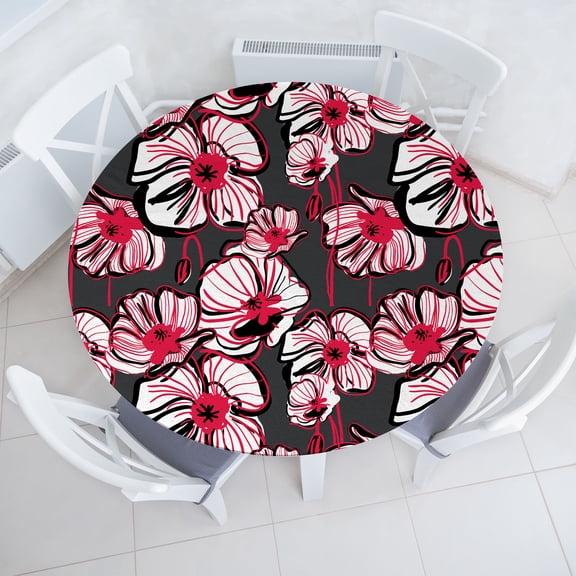 Ambesonne Floral Abstract Fitted Round Tablecloth, Poppy Illustration, 36"- 40" Diameter, Red White and Charcoal Grey