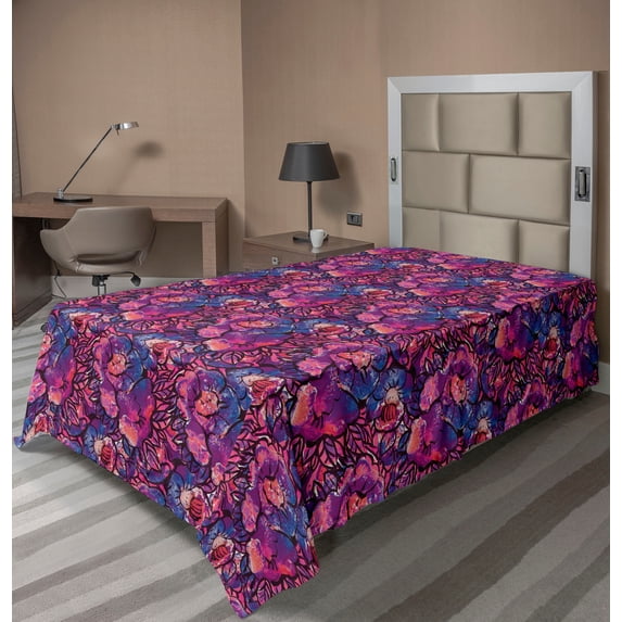 Ambesonne Floral Abstract Flat Bedding Sheet Soft Top Sheet, Colorful Flowers, Twin XL, Violet Dark Purple and Coral
