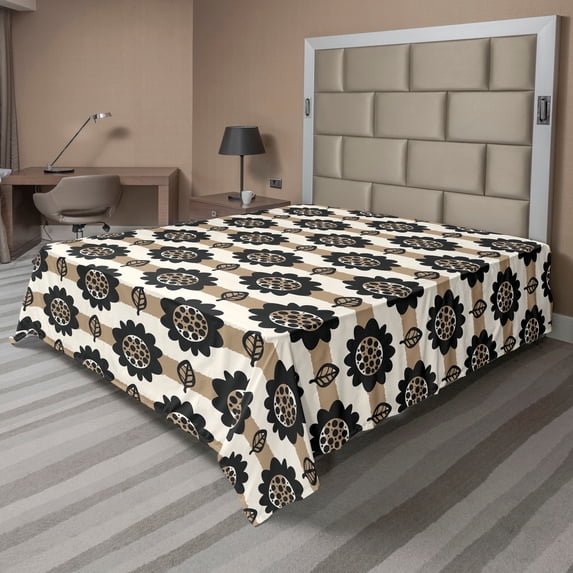 Ambesonne Floral Abstract Flat Bedding Sheet Soft Top Sheet, Leaves and Flowers, King, Sepia Beige Charcoal Grey