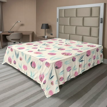 Ambesonne Floral Abstract Flat Bedding Sheet Soft Top Sheet, Tulip Lovers Retro, Queen, Beige Grey Yellow and Seafoam