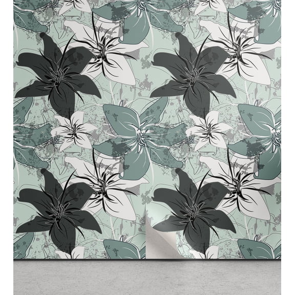 Ambesonne Floral Abstract Peel & Stick Wallpaper for Home, Lily Flowers Print, 13"x36", Dark Sea Green Dark Grey
