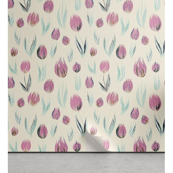 Ambesonne Floral Abstract Peel & Stick Wallpaper for Home, Tulip Lovers Retro, 13"x72", Beige Grey Yellow and Seafoam