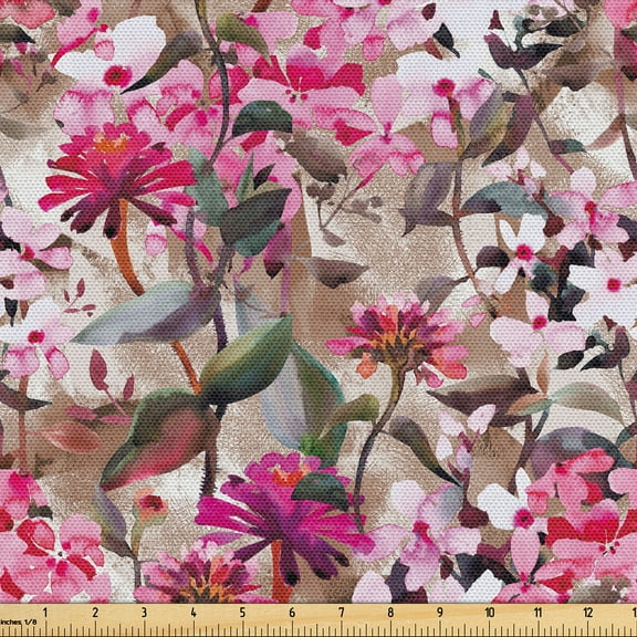 Ambesonne Floral Aquarelle Fabric by the Yard Upholstery, Art Romance Floral, 2 Yards, Pastel Pink Pale Pink