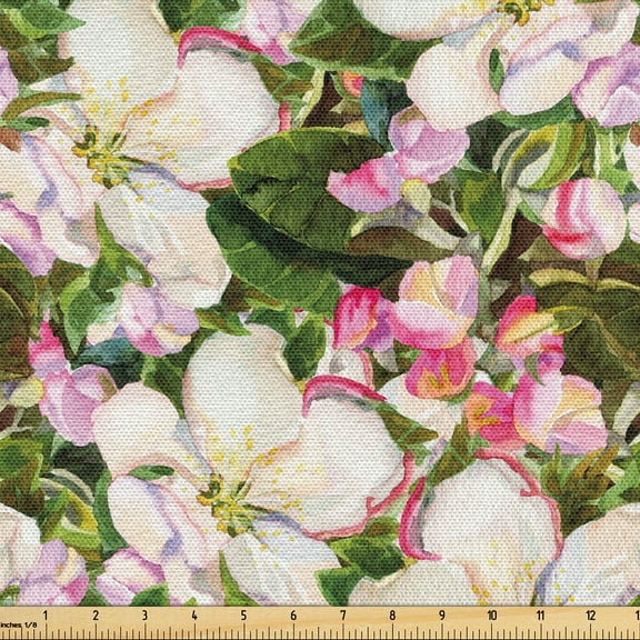 Ambesonne Floral Aquarelle Fabric by the Yard Upholstery, Romance Flowers, 5 Yards, Forest Green Eggshell