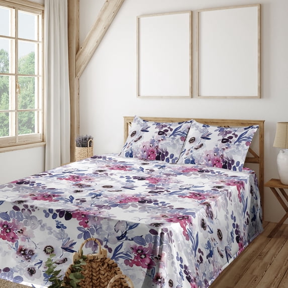 Ambesonne Floral Aquarelle Fitted & Flat Sheet with Sham 3 Pcs Set, Winter Flowers Art, Twin XL, Dark Lavender Pale Ruby