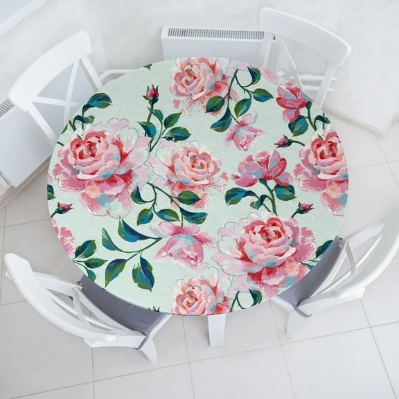 Ambesonne Floral Aquarelle Fitted Round Tablecloth, Spring Art Floral, 36"- 40" Diameter, Forest Green Pastel Pink