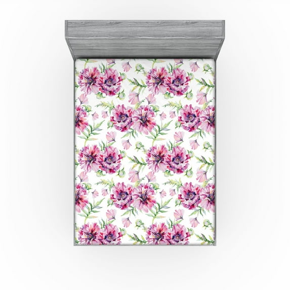 Ambesonne Floral Aquarelle Fitted Sheet, Art Vintage Peony, Full Size, Pale Rose Peacock Green