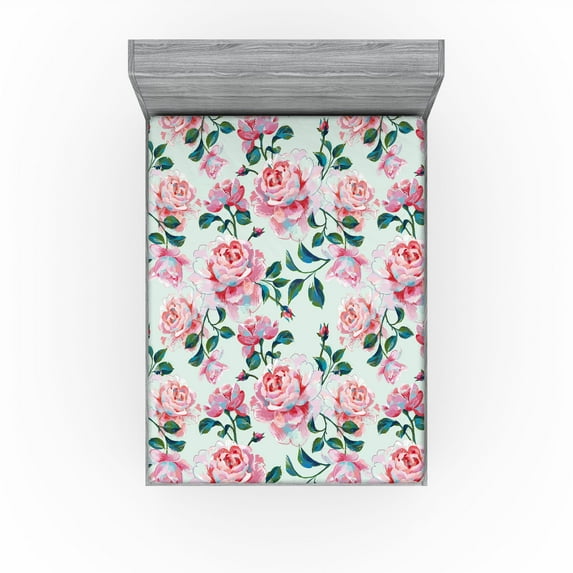 Ambesonne Floral Aquarelle Fitted Sheet, Spring Art Floral, Queen Size, Forest Green Pastel Pink