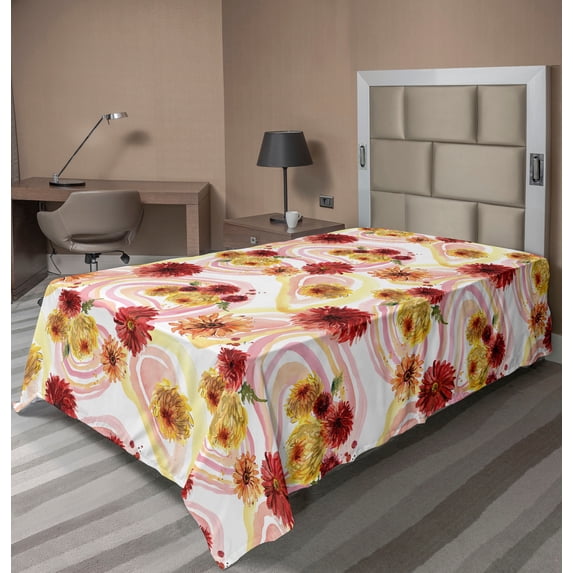 Ambesonne Floral Aquarelle Flat Bedding Sheet Soft Top Sheet, Gerbera Groovy Art, Twin, Blush Raspberry Mustard