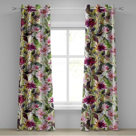 Ambesonne Floral Aquarelle Grommet Curtain, Blooms Leaves Art, 50"x72", Fern Green Magenta White
