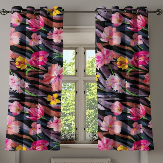 Ambesonne Floral Aquarelle Grommet Curtain, Botany Floral Boho, 50"x63", Mustard Pastel Pink